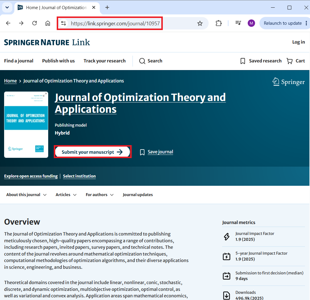 Journal of Optimization Theory and Applications webpage showing the manuscript submission option