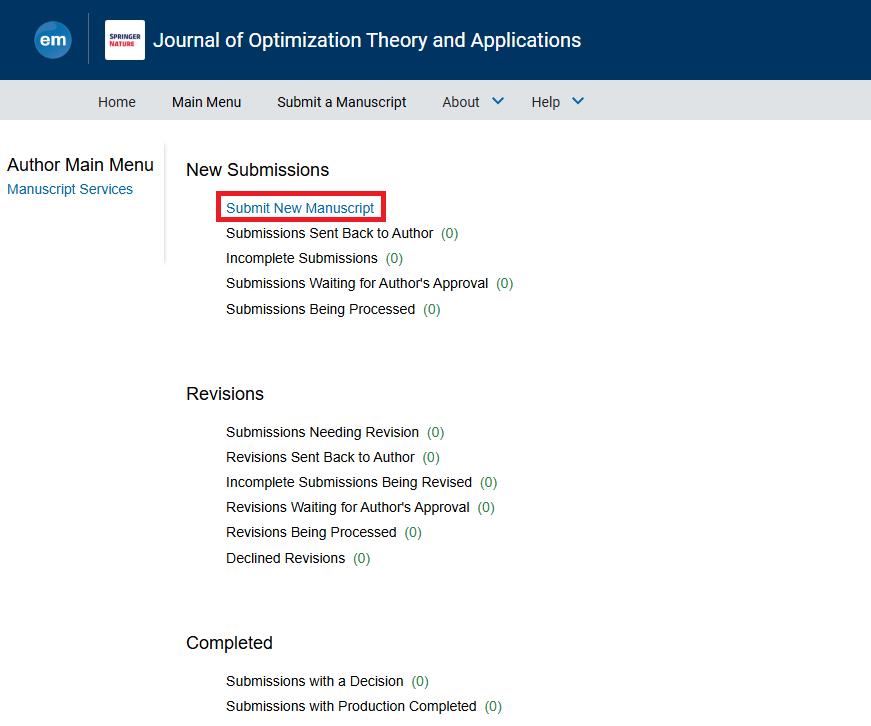 Springer submission system showing the Submit New Manuscript option